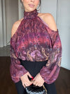Women Round Neck Printed Shoulder Hollow Casual Top