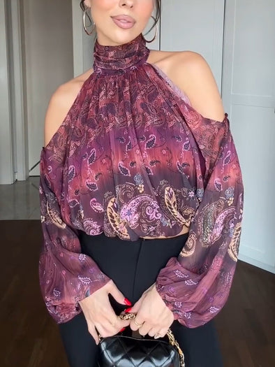 Women Round Neck Printed Shoulder Hollow Casual Top