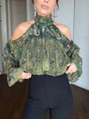 Women Round Neck Printed Shoulder Hollow Casual Top