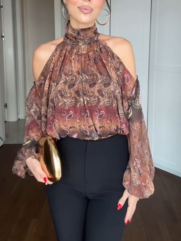 Women Round Neck Printed Shoulder Hollow Casual Top