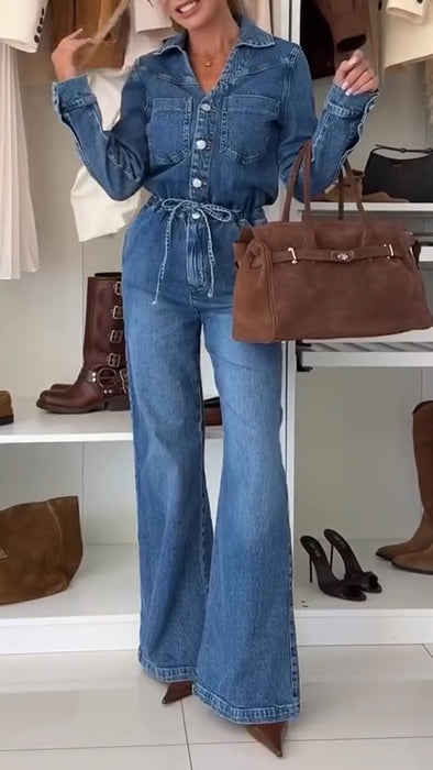 Women Lapel Washed Splicing Casual Denim Jumpsuit