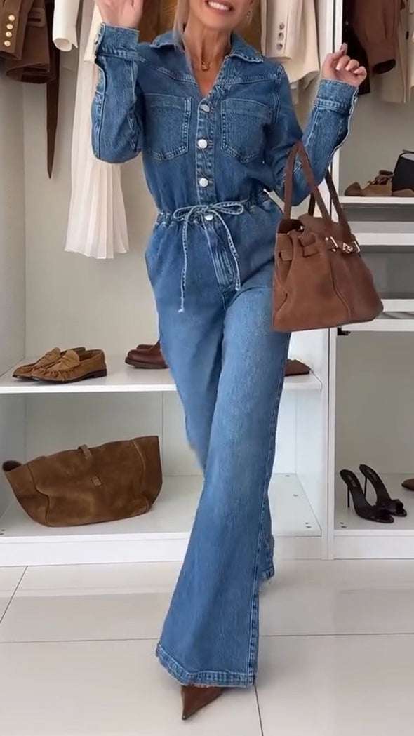 Women Lapel Washed Splicing Casual Denim Jumpsuit