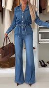 Women Lapel Washed Splicing Casual Denim Jumpsuit