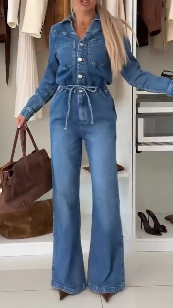 Women Lapel Washed Splicing Casual Denim Jumpsuit