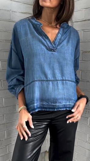 Womens V-neck Spliced Washing Casual Top