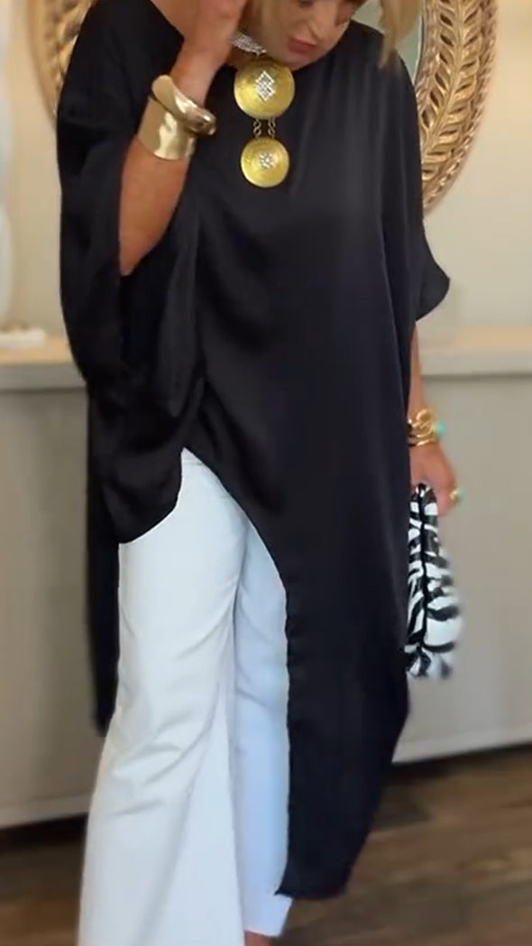 Womens Round Neck Solid Color Irregular Long Top