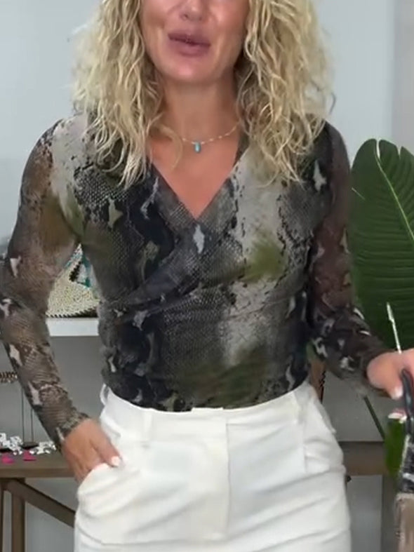 Women V-neck Printed Smile Casual Top