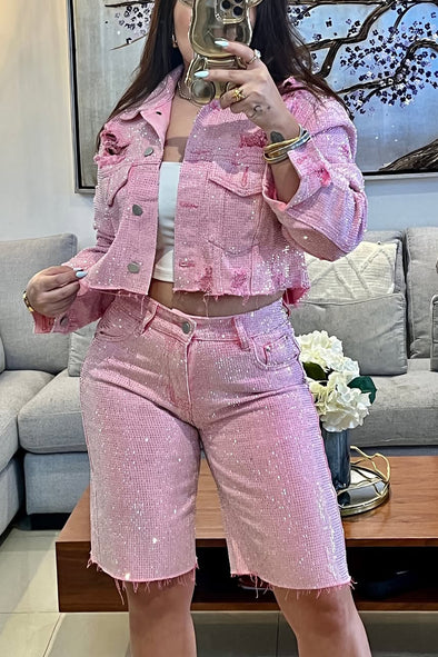 Womens Lapel Diamond Jacket + Pants Casual Set