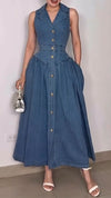 Women Lapel Breasted Spliced denim Casual Dress