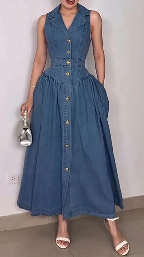 Women Lapel Breasted Spliced denim Casual Dress