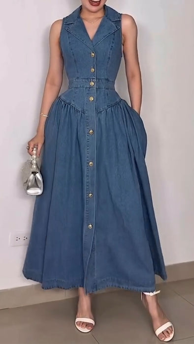 Women Lapel Breasted Spliced denim Casual Dress