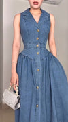 Women Lapel Breasted Spliced denim Casual Dress