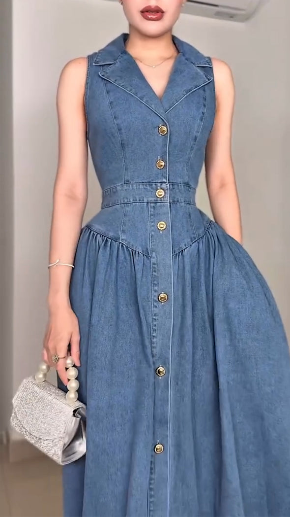 Women Lapel Breasted Spliced denim Casual Dress