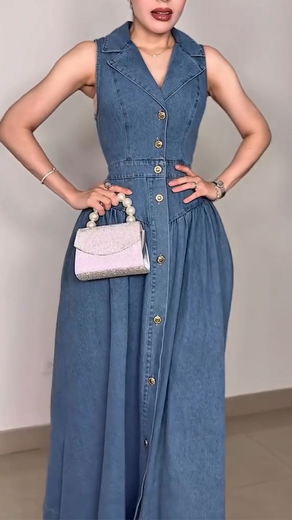 Women Lapel Breasted Spliced denim Casual Dress