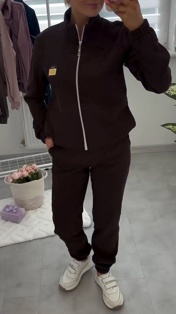 Women Stand-up Collar Zipper Jacket + Pants Casual Suit