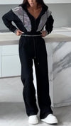 Women Round Neck Hooded Splicing and Hot Diamond Jacket + Pants Casual Suit