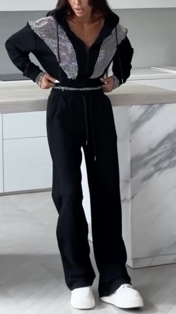 Women Round Neck Hooded Splicing and Hot Diamond Jacket + Pants Casual Suit