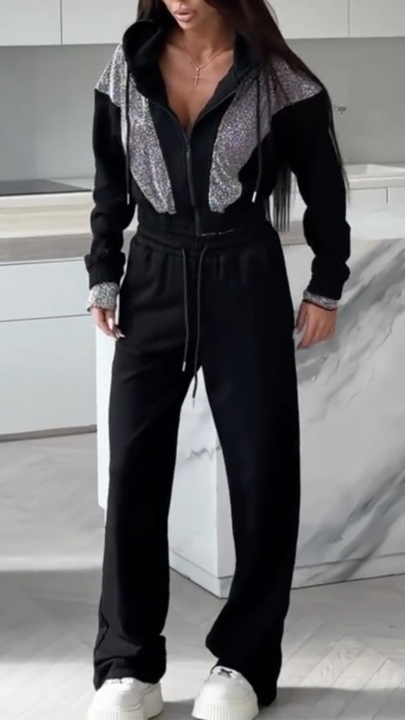 Women Round Neck Hooded Splicing and Hot Diamond Jacket + Pants Casual Suit