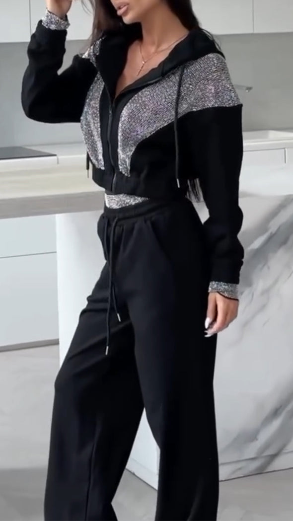 Women Round Neck Hooded Splicing and Hot Diamond Jacket + Pants Casual Suit