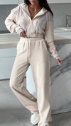 Women Round Neck Hooded Splicing and Hot Diamond Jacket + Pants Casual Suit