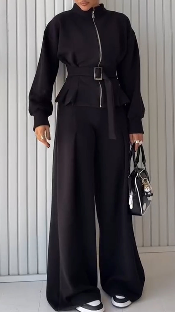 Womens Round Neck Zipper Jacket + Pants Casual Suit