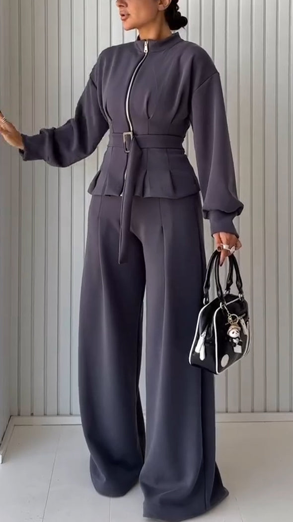 Womens Round Neck Zipper Jacket + Pants Casual Suit