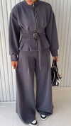 Womens Round Neck Zipper Jacket + Pants Casual Suit