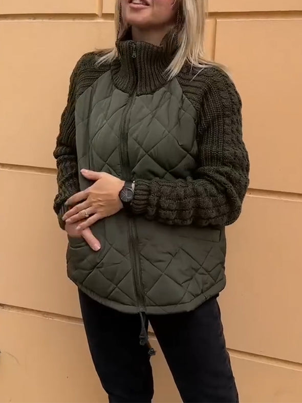 Women Stand-up Collar Diamond Spliced string Pattern Sweater Casual Coat