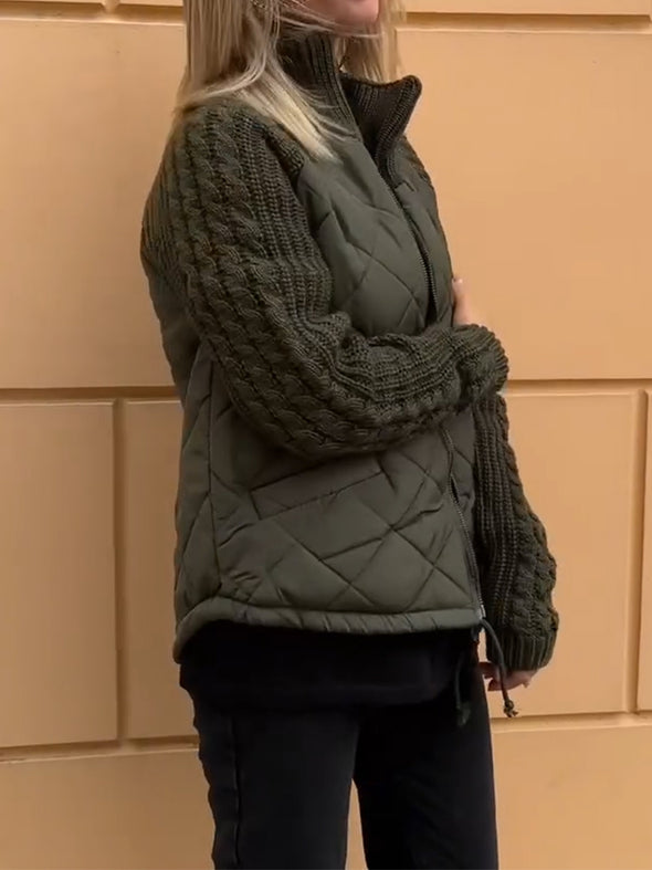 Women Stand-up Collar Diamond Spliced string Pattern Sweater Casual Coat
