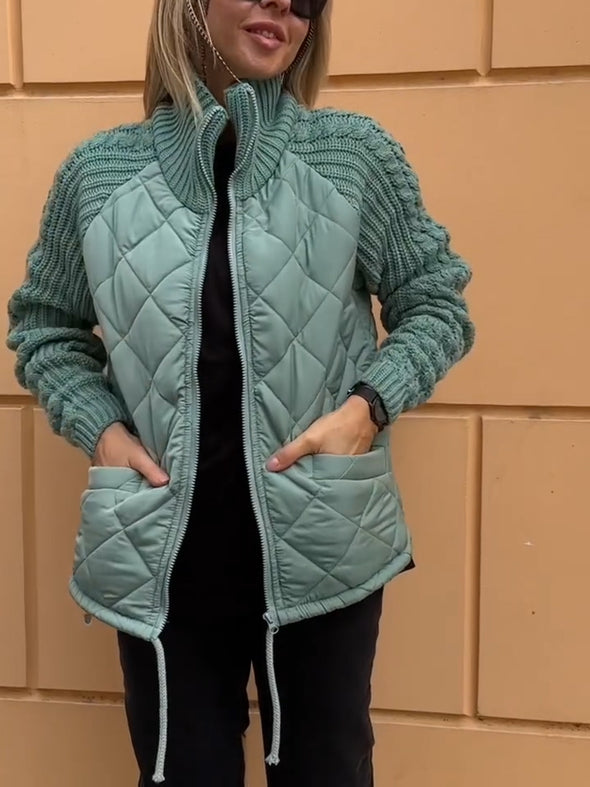 Women Stand-up Collar Diamond Spliced string Pattern Sweater Casual Coat