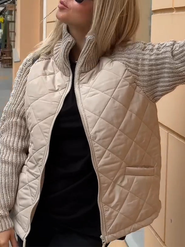 Women Stand-up Collar Diamond Spliced string Pattern Sweater Casual Coat