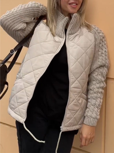 Women Stand-up Collar Diamond Spliced string Pattern Sweater Casual Coat
