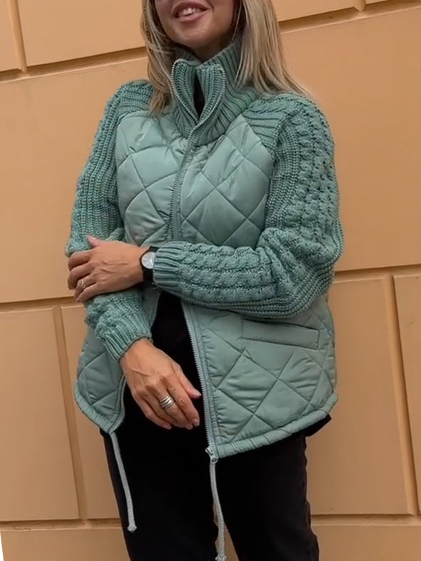 Women Stand-up Collar Diamond Spliced string Pattern Sweater Casual Coat