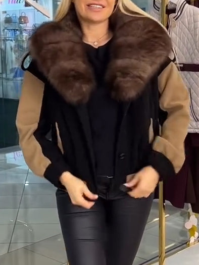 Women Fur Collar Contrasting Casual Coat
