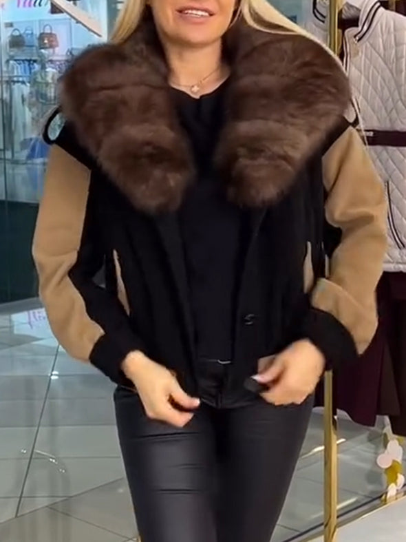 Women Fur Collar Contrasting Casual Coat