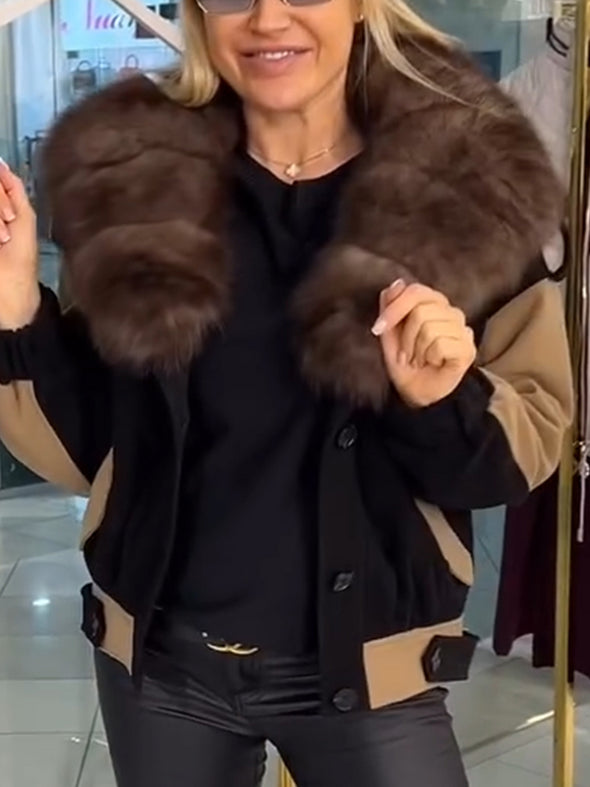 Women Fur Collar Contrasting Casual Coat