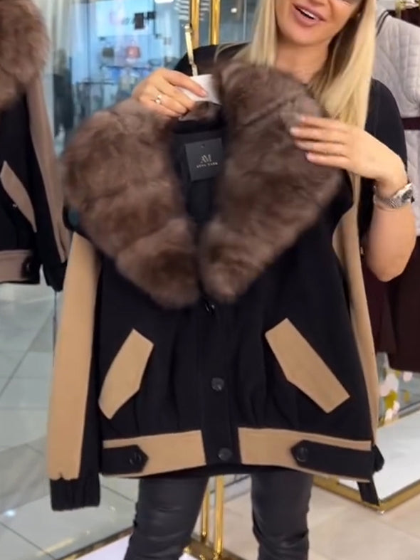 Women Fur Collar Contrasting Casual Coat