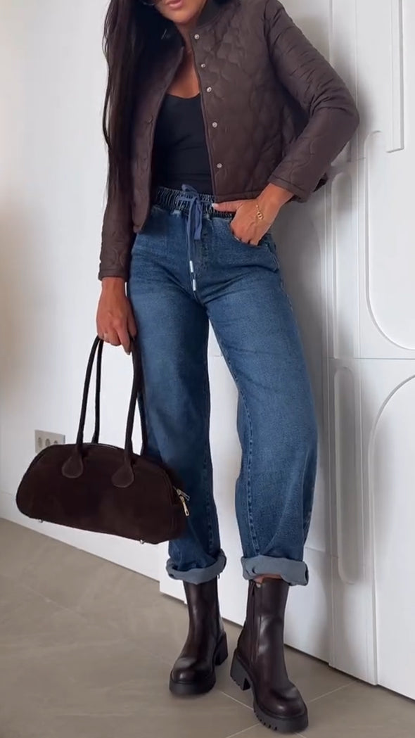Women Round Neck Breasted Jacket + Jeans Casual Suit