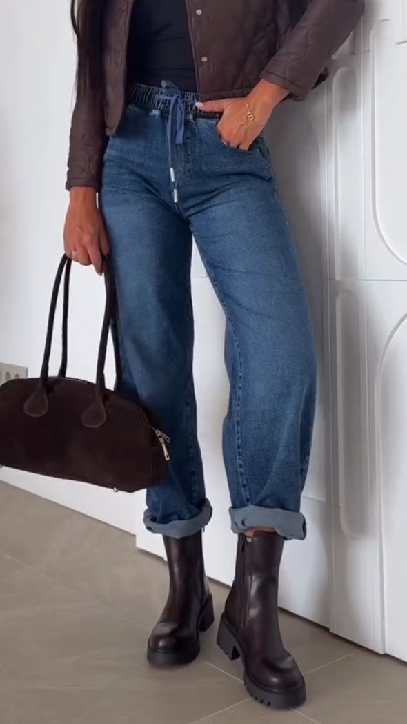 Women Round Neck Breasted Jacket + Jeans Casual Suit