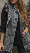 Women Round Neck Lace Sleeve Spliced casual Denim Vest