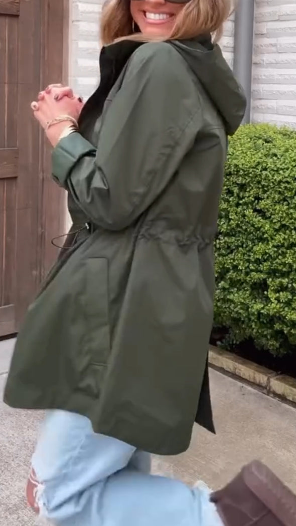 Women Round Tie Hood Waist-closing Casual Jacket