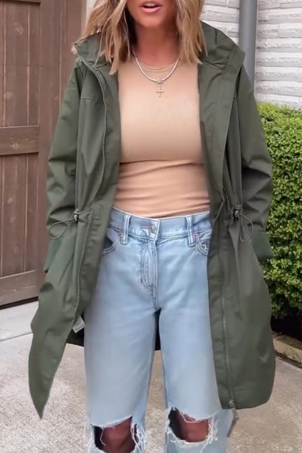 Women Round Tie Hood Waist-closing Casual Jacket