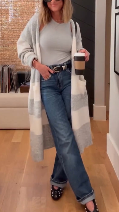 Women Contrasting Color Knitted Casual Cardigan
