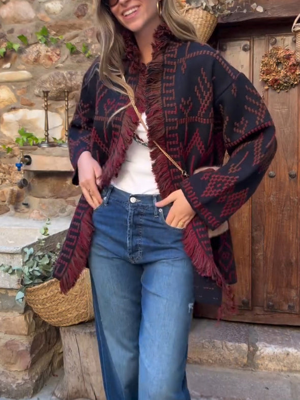 Women Printed Spliced Tassel Knitted Casual Cardigan