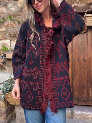 Women Printed Spliced Tassel Knitted Casual Cardigan