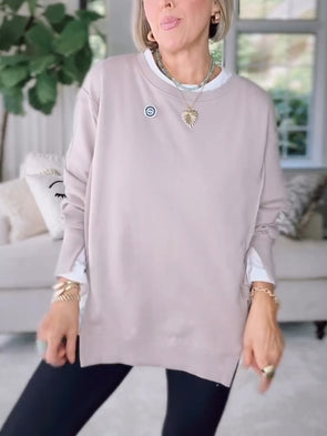 Womens Round Neck Side Slit Casual Sweatshirt