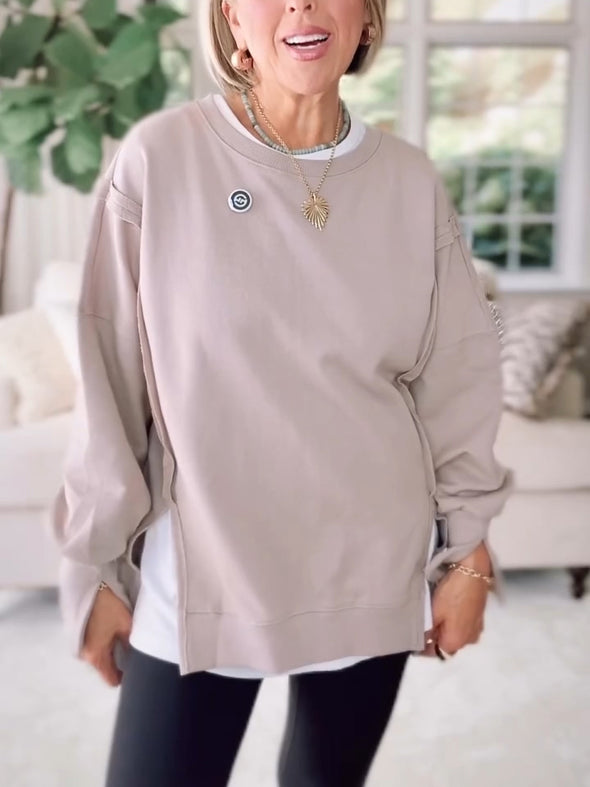 Womens Round Neck Side Slit Casual Sweatshirt