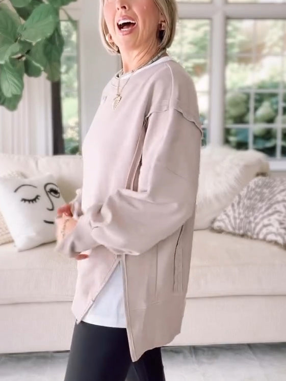 Womens Round Neck Side Slit Casual Sweatshirt