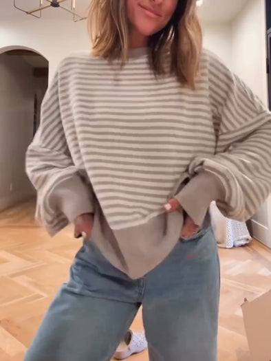 Women Round Neck Striped Spliced Casual Top
