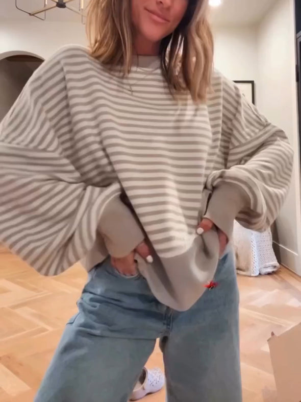 Women Round Neck Striped Spliced Casual Top